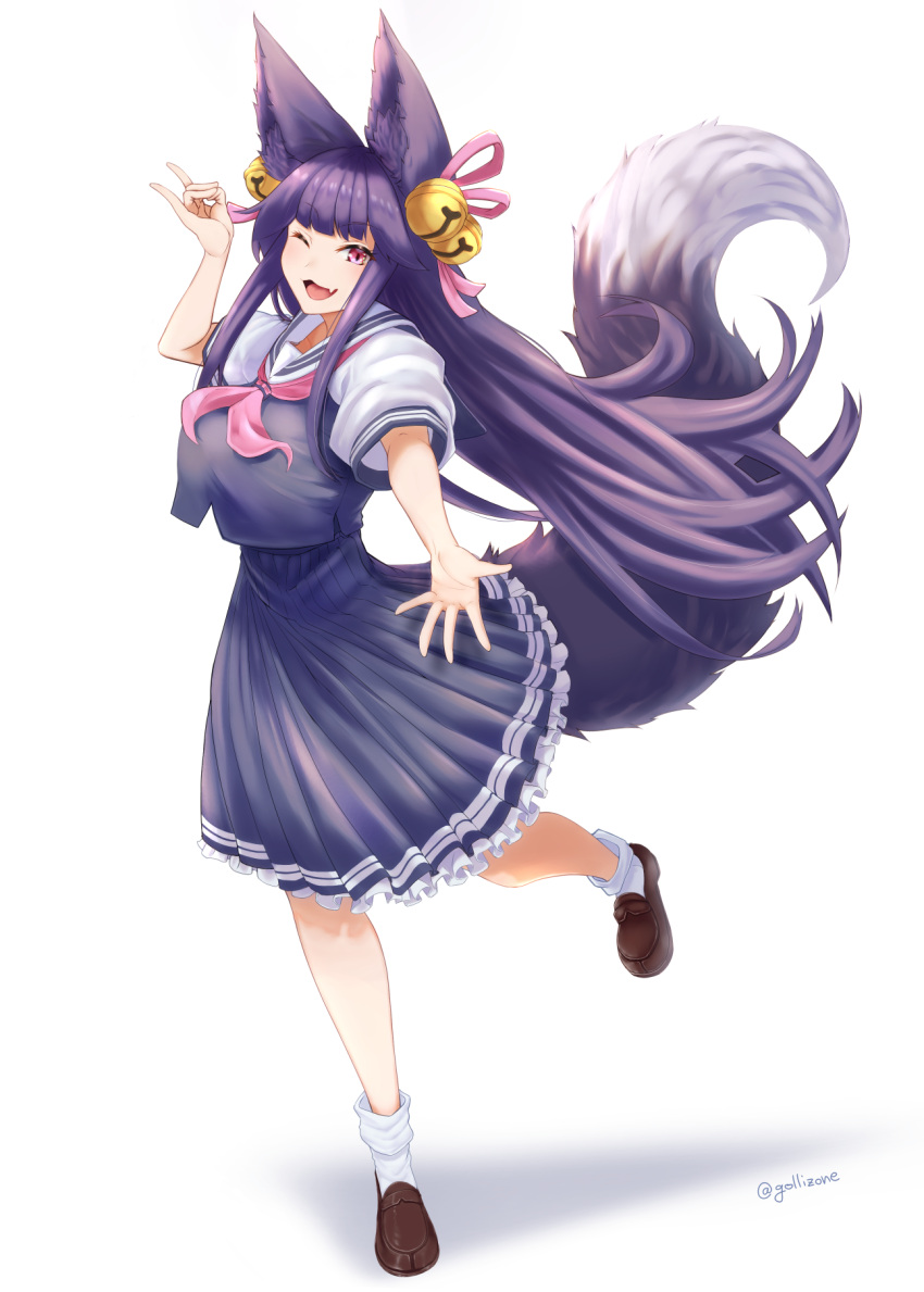 1girl :d animal_ear_fluff animal_ears bell fang fox_ears fox_girl fox_shadow_puppet fox_tail full_body gollizo granblue_fantasy hair_bell hair_ornament highres long_hair looking_at_viewer one_eye_closed open_mouth outstretched_hand purple_hair red_eyes school_uniform shadow sidelocks smile solo tail very_long_hair white_background yuel_(granblue_fantasy)