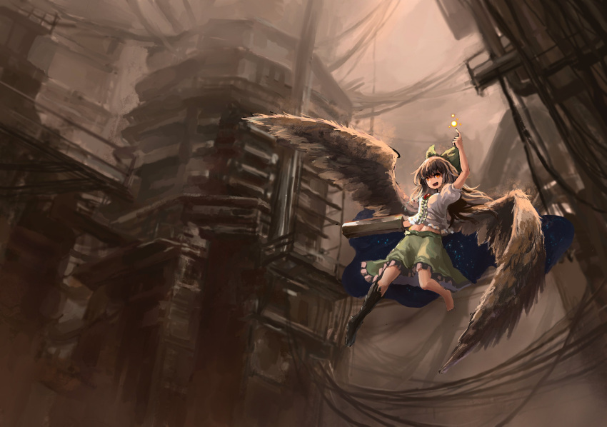 1girl arm_cannon arm_up barefoot bird_wings bow brown_background brown_hair brown_wings colored_extremities control_rod energy_ball flying frilled_skirt frills full_body green_bow green_skirt hair_bow highres long_hair looking_at_viewer medium_bangs midriff_peek navel open_mouth orange_eyes print_cape puffy_short_sleeves puffy_sleeves reiuji_utsuho ruins shirt short_sleeves skirt smile solo starry_sky_print third_eye touhou weapon white_shirt wings zhuxie1264852