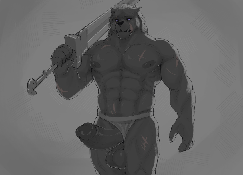 anthro balls black_sclera blaidd_(elden_ring) canid canine canis clothing clothing_aside elden_ring erection fangs fromsoftware fur genitals hi_res humanoid_genitalia humanoid_penis kyomiqc looking_down male mammal melee_weapon muscular muscular_anthro muscular_male nipples nude penis scar solo sword teeth underwear underwear_aside weapon wolf