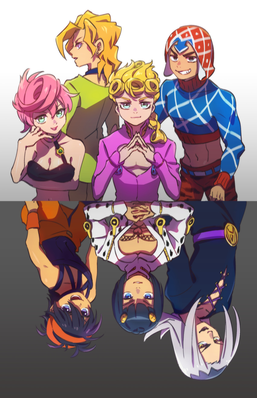 1girl 5boys absurdres animal_print black_hair black_jacket black_shirt blonde_hair breasts bruno_bucciarati cleavage cleavage_cutout clothing_cutout giorno_giovanna green_eyes grey_eyes grin guido_mista hat highres interlocked_fingers jacket jojo_no_kimyou_na_bouken leone_abbacchio lipstick long_hair long_sleeves makeup midriff multiple_boys narancia_ghirga navel pannacotta_fugo pants parted_lips pectoral_cleavage pectorals pink_hair print_pants red_hat rotational_symmetry shirt short_hair smile smirk tiger_print trish_una ukata vento_aureo white_hair