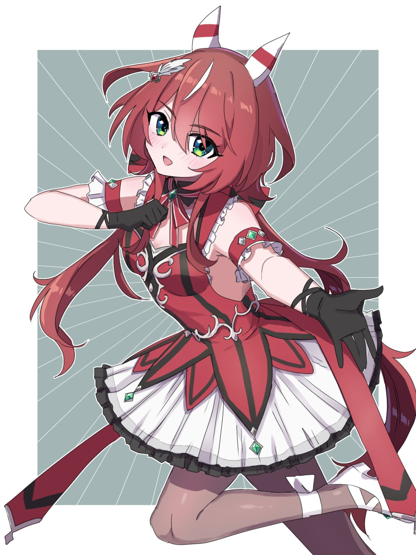 1girl :d animal_ears black_gloves black_pantyhose breasts commission ear_covers feather_hair_ornament feathers frilled_skirt frills gloves green_eyes hair_between_eyes hair_ornament highres horse_ears horse_girl horse_tail leg_up long_hair looking_at_viewer low_twintails mtks119529 multicolored_hair pantyhose red_hair skeb_commission skirt small_breasts smile solo streaked_hair tail twintails umamusume white_footwear white_hair white_skirt win_variation_(umamusume)