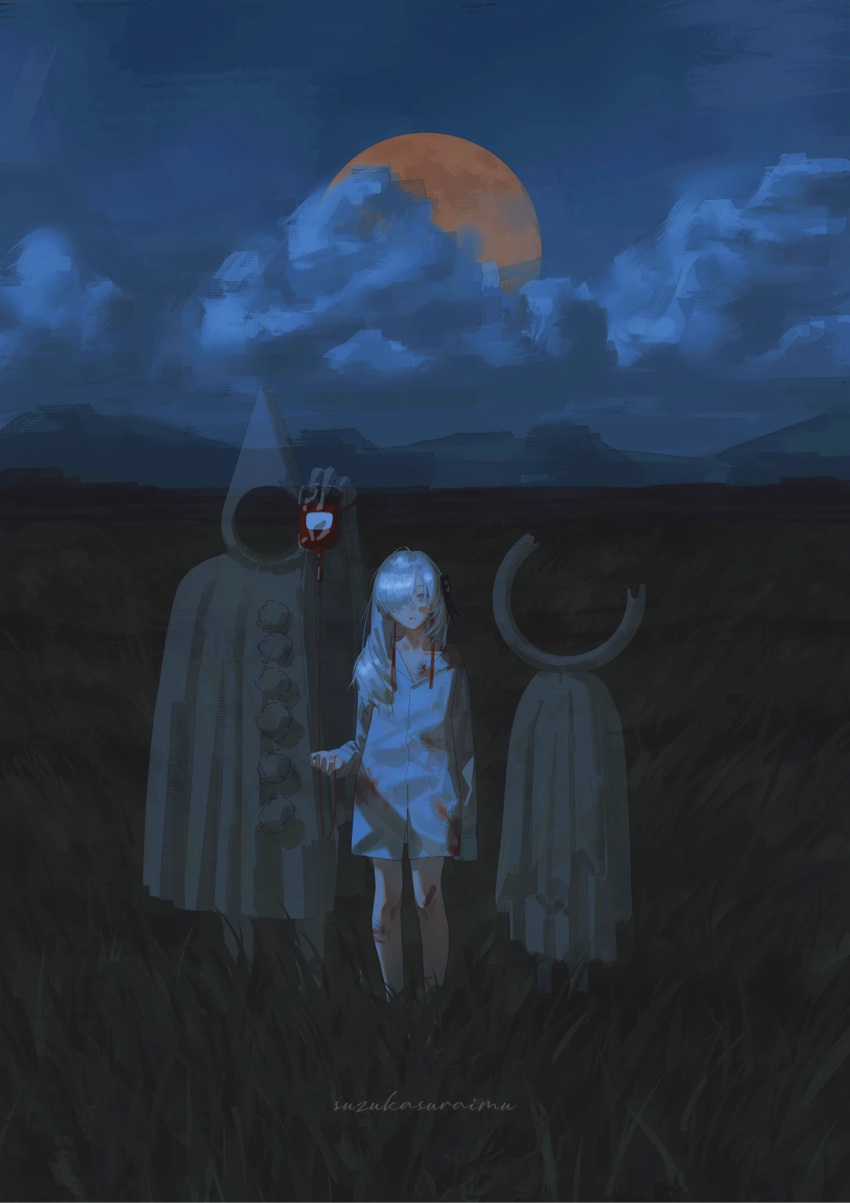 1girl 1other arm_at_side bandaid bandaid_on_cheek bandaid_on_face blood blood_bag blood_on_clothes blood_on_face cloak closed_mouth cloud cloudy_sky collarbone face_in_shadow field frown full_body full_moon ghost grass grey_eyes grey_hair hair_over_one_eye hand_up highres hood hood_up hooded_cloak intravenous_drip isekai_joucho kamitsubaki_studio long_sleeves looking_at_viewer moon mountainous_horizon night night_sky no_pants one_eye_covered orange_moon outdoors revision signature sky straight-on suzukasuraimu