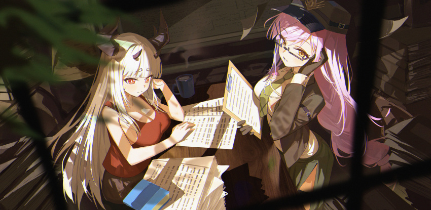 2girls absurdres akafuyu_(arknights) akafuyu_(temperament)_(arknights) akipopopopoon alternate_costume arknights bare_shoulders black_gloves blunt_bangs book breasts cleavage commentary_request cowboy_shot cup dragon_horns glasses gloves green_necktie green_skirt hair_ornament hairclip hand_up hat highres holding holding_notepad horns indoors jacket long_hair long_sleeves looking_at_viewer low-tied_long_hair matoimaru_(arknights) mug multiple_girls necktie notepad official_alternate_costume open_clothes open_jacket orange_eyes paper_stack parted_lips peaked_cap pink_hair red_eyes red_tank_top semi-rimless_eyewear shirt skirt sweatdrop table tank_top under-rim_eyewear very_long_hair white_hair white_shirt