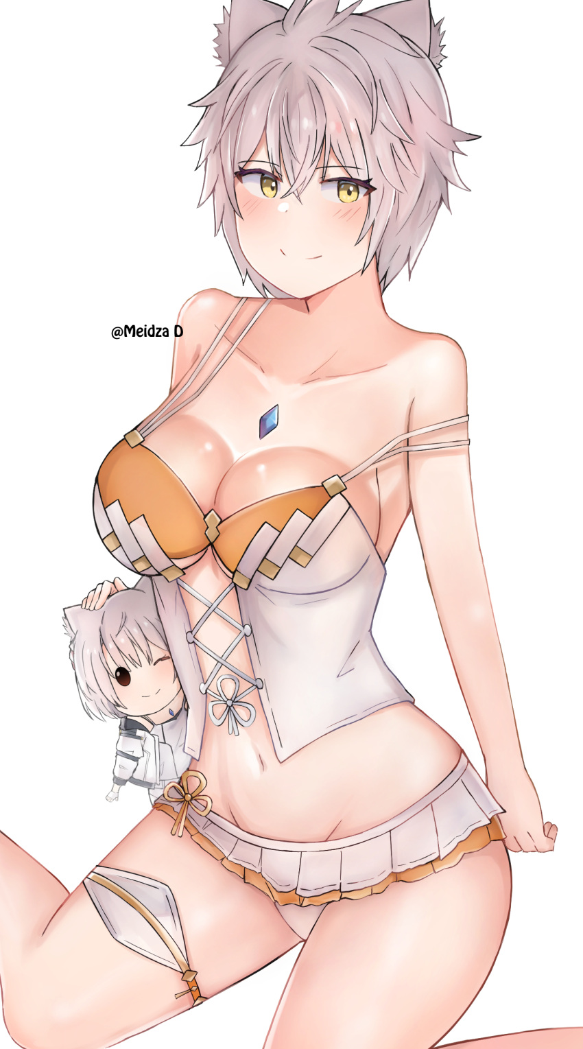 1girl absurdres animal_ears bikini bikini_skirt breasts cat_ears character_doll chest_jewel cleavage core_crystal_(xenoblade) cosplay grey_hair highres large_breasts meidza_d messy_hair mio_(xenoblade) mio_(xenoblade)_(cosplay) na'el_(xenoblade) short_hair smile solo strap_slip swimsuit thighs white_bikini xenoblade_chronicles_(series) xenoblade_chronicles_3 xenoblade_chronicles_3:_future_redeemed yellow_eyes