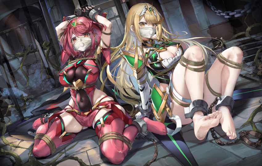 absurdres arms_up barefoot bdsm black_gloves blonde_hair bondage bound breasts circlet cleavage cleavage_cutout clothing_cutout core_crystal_(xenoblade) cuffs dress elbow_gloves fingerless_gloves full_body gloves glowing highres impossible_clothes kidnapping large_breasts long_hair looking_at_viewer mask medium_hair mouth_mask mythra_(xenoblade) open_mouth pyra_(xenoblade) red_eyes red_hair red_thighhighs restrained shackles shibari sitting soles thighhighs thighs tied_up_(nonsexual) tile_floor tiles toes very_long_hair wariza white_dress white_gloves xenoblade_chronicles_(series) xenoblade_chronicles_2 xun_li_eins yellow_eyes