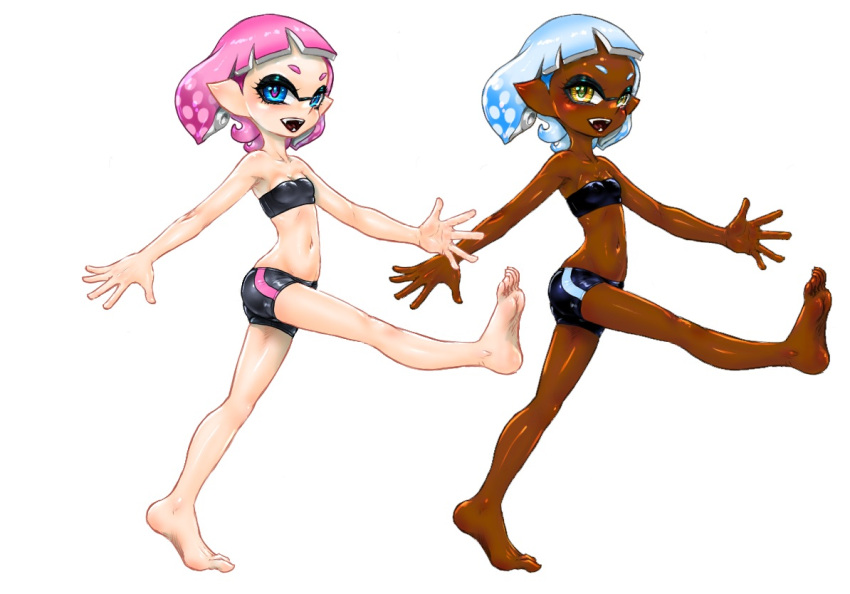 2girls :d bare_arms bare_legs bare_shoulders barefoot bike_shorts black_bra black_shorts blue_eyes blue_hair bra breasts cleavage dark-skinned_female dark_skin eyelashes fangs inkling inkling_girl inkling_player_character koharu2.5 leg_up light_blue_hair multiple_girls navel open_mouth pink_hair pointy_ears short_hair shorts simple_background single_vertical_stripe small_breasts smile splatoon_(series) strapless strapless_bra teeth tentacle_hair tiptoes underwear white_background yellow_eyes