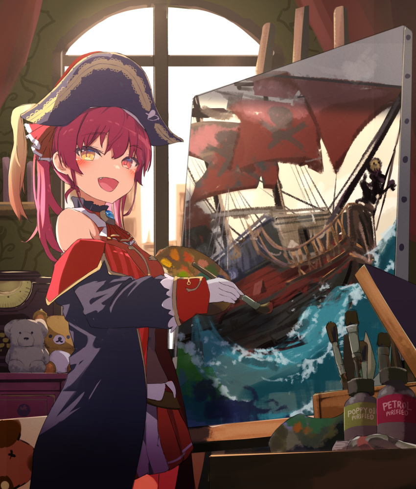 1girl bangs bare_shoulders blush canvas_(object) commentary cowboy_shot eyebrows_visible_through_hair hair_between_eyes hair_ribbon hat heterochromia highres holding holding_paintbrush hololive houshou_marine long_hair long_sleeves off_shoulder open_mouth paintbrush painting pirate_costume pirate_hat pirate_ship red_eyes red_hair red_ribbon remini_(scenceremini) revision ribbon smile solo standing stuffed_toy virtual_youtuber yellow_eyes