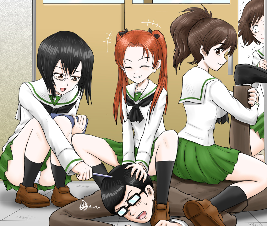 +++ 1boy 4girls akiyama_yukari black-framed_eyewear black_eyes black_hair black_neckerchief black_socks blazer blouse brown_eyes brown_footwear brown_hair brown_jacket clipboard closed_eyes constricted_pupils frown girls_und_panzer glasses green_skirt grey-framed_eyewear grin hands_on_another's_head harukai-i highres holding holding_clipboard holding_pencil indoors jacket kadotani_anzu kawashima_momo kneeling koyama_yuzu leg_grab loafers long_hair long_sleeves looking_at_another lying medium_hair messy_hair miniskirt monocle multiple_girls neckerchief nervous_sweating on_stomach ooarai_school_uniform opaque_glasses panties pantyshot pencil pleated_skirt ponytail rectangular_eyewear restrained sailor_collar school_uniform semi-rimless_eyewear serafuku shirt shoes short_hair sitting sitting_on_person skirt smile socks squatting squiggle suit sweat sweatdrop swept_bangs trembling tsuji_renta twintails under-rim_eyewear underwear white_panties white_sailor_collar white_shirt