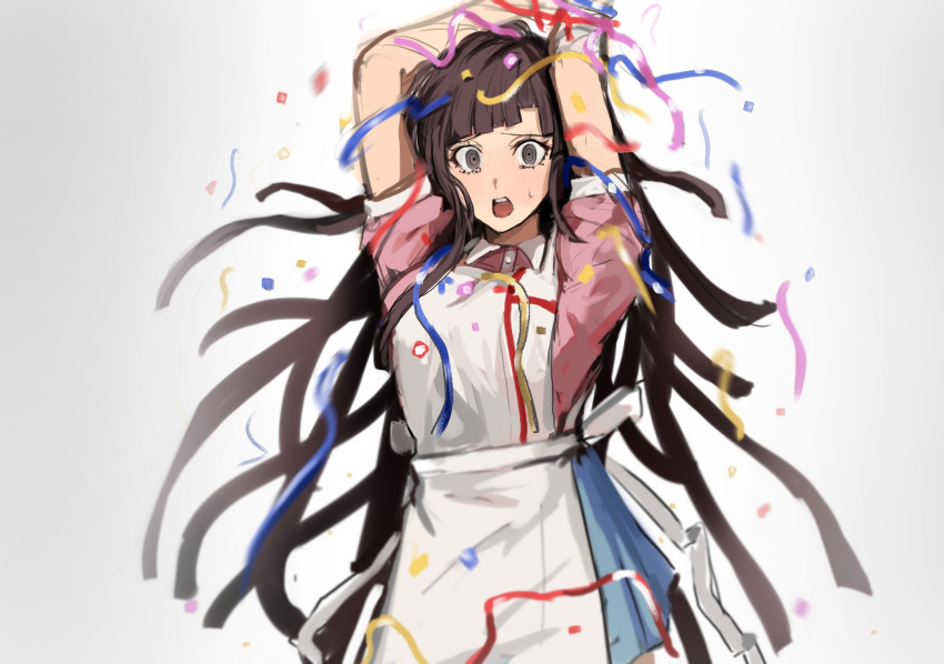 1girl apron arms_up black_hair breasts collared_shirt confetti cowboy_shot danganronpa_(series) danganronpa_2:_goodbye_despair highres large_breasts long_hair looking_at_viewer mole mole_under_eye open_mouth pink_shirt puffy_short_sleeves puffy_sleeves shirt short_sleeves skirt solo tsumiki_mikan