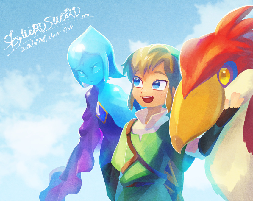 1boy 1girl belt bird black_gloves blue_background blue_eyes brown_belt brown_hair copyright_name dated fi_(zelda) fingerless_gloves gloves green_hat green_tunic hat highres link loftwing long_sleeves open_mouth shirt the_legend_of_zelda the_legend_of_zelda:_skyward_sword ukata white_shirt yellow_eyes