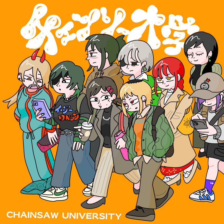 backpack bag black_eyes black_hair black_shorts blonde_hair braid braided_ponytail breasts brown_hoodie cargo_shorts cellphone chainsaw_man character_request closed_eyes coat commentary_request ear_piercing earrings green_jacket green_sweater grey_coat grey_hair handbag hands_in_pockets hat_over_eyes higashiyama_kobeni high_heels highres himeno_(chainsaw_man) holding holding_phone hood hoodie jacket jewelry kobemizawa large_breasts long_coat long_hair makima_(chainsaw_man) mole mole_under_eye multicolored_hair multiple_moles orange_eyes pants phone piercing ponytail power_(chainsaw_man) purple_hair quanxi_(chainsaw_man) red_eyes red_hair reze_(chainsaw_man) roots_(hair) sawatari_akane_(chainsaw_man) sharp_teeth shoes short_hair shorts smartphone sneakers sweater teeth tendou_michiko track_jacket track_pants track_suit translation_request two-tone_hair yellow_eyes