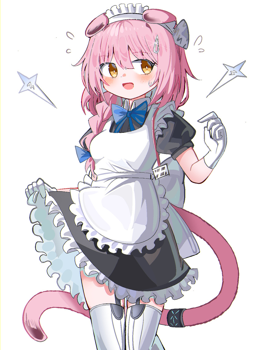 1girl :d alternate_costume animal_ears apron arknights black_dress blue_bow blush bow braid breasts cat_ears cat_girl cat_tail collared_dress dress enmaided flying_sweatdrops frilled_apron frilled_dress frills garter_straps gloves goldenglow_(arknights) hair_between_eyes hair_bow hair_over_shoulder highres lightning_bolt_symbol long_hair maid maid_headdress orange_eyes pink_hair puffy_short_sleeves puffy_sleeves short_sleeves simple_background single_braid skirt_hold small_breasts smile solo spam_(spamham4506) sweat tail thighhighs white_apron white_background white_gloves white_thighhighs