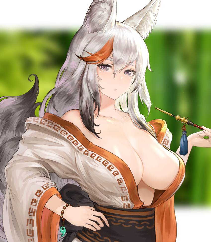 1girl animal_ear_fluff animal_ears breasts cleavage fox_ears fox_girl fox_tail hand_on_own_hip highres holding holding_smoking_pipe japanese_clothes kimono kiseru large_breasts lieqi_hun long_hair looking_at_viewer magatama no_bra open_clothes open_kimono original smoking_pipe tail white_hair