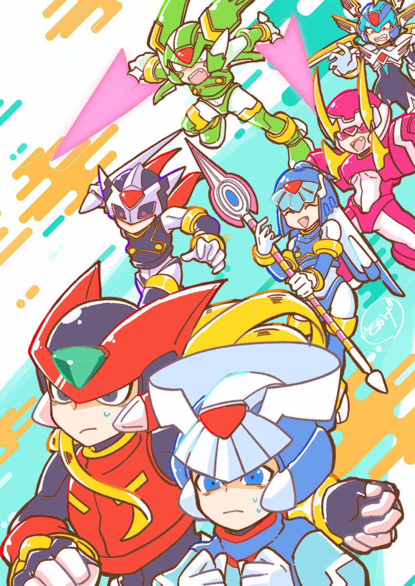 1girl 6+girls absurdres armor black_eyes blonde_hair blue_armor blue_eyes blue_flower blue_footwear blue_helmet blue_rose boots chasing clenched_hand closed_eyes copy_x_(mega_man) cyber_elf_x_(mega_man) dual_wielding energy_sword fairy_leviathan_(mega_man) fang fighting_fefnir_(mega_man) fins flower forehead_jewel green_armor green_eyes green_footwear green_helmet halo head_fins head_wings helmet hidden_phantom_(mega_man) highres holding holding_polearm holding_sword holding_weapon horns long_hair mechanical_wings mega_man_(series) mega_man_zero_(series) meshiuma0x multiple_girls ninja open_mouth polearm purple_armor purple_footwear purple_helmet red_armor red_eyes red_footwear red_helmet red_scarf rose running sage_harpuia_(mega_man) scarf spear sweat sword teeth thigh_boots upper_teeth_only weapon white_armor wings x_(mega_man) zero(z)_(mega_man) zero_(mega_man)