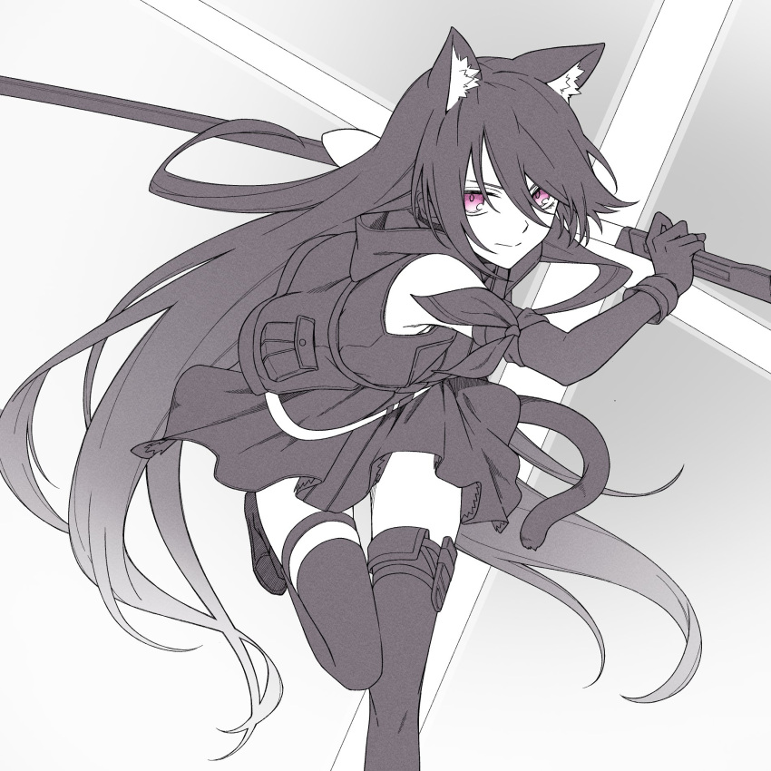 1girl animal_ear_fluff animal_ears arknights bare_shoulders boots cat_ears cat_girl cat_tail closed_mouth elbow_gloves foot_out_of_frame foot_up gloves grey_background greyscale hair_between_eyes highres holding holding_sheath holding_sword holding_weapon hood hood_down hooded_jacket jacket knees_together_feet_apart kyoro_(kyoroillust) long_hair looking_at_viewer melantha_(arknights) miniskirt monochrome pink_eyes pleated_skirt scabbard serious sheath simple_background skirt sleeveless sleeveless_jacket solo spot_color straight_hair sword tail thigh_gap thigh_strap thighhighs very_long_hair weapon zettai_ryouiki