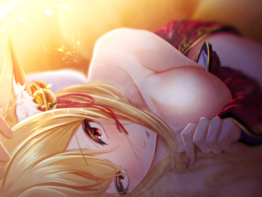 1boy 1girl animal_ear_fluff animal_ears bare_shoulders bell blonde_hair blush breasts fingernails fox_ears fox_girl hair_bell hair_ornament hand_on_own_chest highres japanese_clothes large_breasts lipstick long_hair lying makeup minasoko_tanishi mole mole_under_mouth on_side original pov pov_hands promotional_art red_eyes red_nails sharp_fingernails slit_pupils sweat