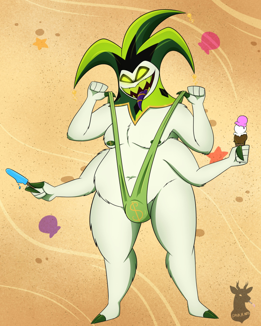 2024 4_arms absurd_res ash_h_arts belly bikini bulge clothing demon dessert digital_drawing_(artwork) digital_media_(artwork) empty_eyes food green_bikini green_clothing green_swimwear helluva_boss hi_res holding_food holding_ice_cream holding_object humanoid ice_cream male mammon_(helluva_boss) moobs multi_arm multi_limb one-piece_swimsuit sand sling_bikini solo swimwear teeth tongue tongue_out yellow_eyes