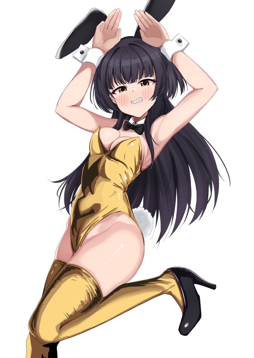 1girl absurdres animal_ears bamiyanpixel black_bow black_bowtie black_hair bow bowtie breasts brown_eyes cleavage clenched_teeth detached_collar gold_leotard gold_thighhighs highres idolmaster idolmaster_shiny_colors long_hair mayuzumi_fuyuko medium_breasts playboy_bunny ponytail rabbit_ears rabbit_pose rabbit_tail simple_background solo standing standing_on_one_leg tail teeth white_background wrist_cuffs