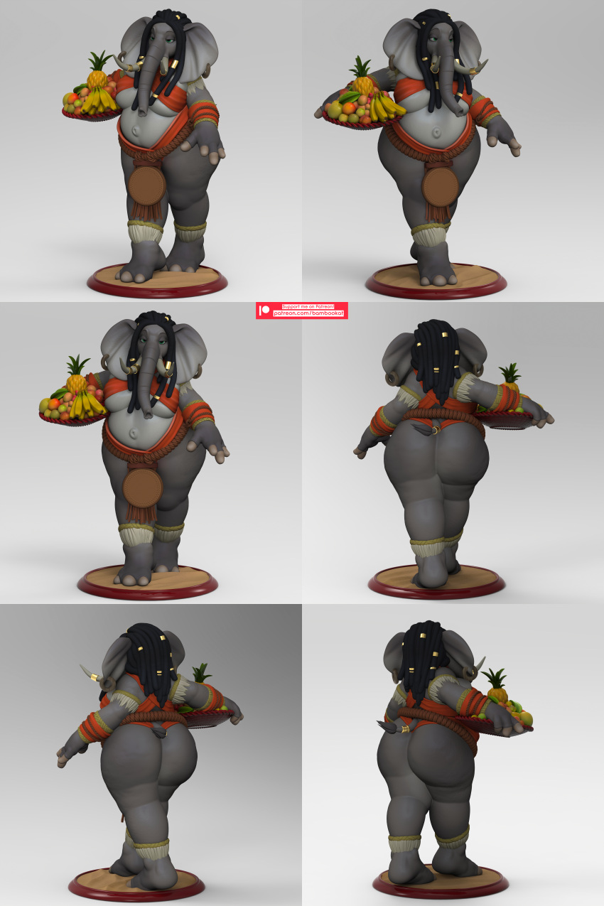 absurd_res anthro bambookat big_breasts big_butt breasts butt dreadlocks elephant elephantid female food fruit furry hi_res kyanga mammal plant platter proboscidean solo thick_thighs tusks wide_hips