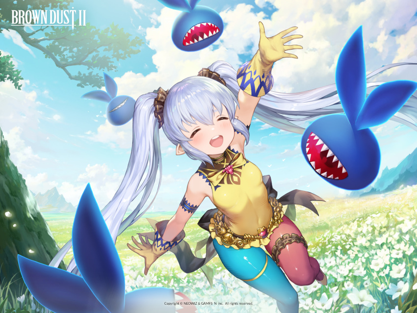 1girl arm_up armpits asymmetrical_legwear blue_thighhighs blush breasts brown_dust_2 closed_eyes cloud cloudy_sky copyright_name dress eyebrows_hidden_by_hair field flower flower_field gloves grey_hair hair_between_eyes hair_tie highres monster mountainous_horizon official_art official_wallpaper open_mouth pointy_ears red_thighhighs refithea_(brown_dust) second-party_source sharp_teeth sky sleeveless sleeveless_dress small_breasts smile solo standing standing_on_one_leg sunlight teeth thigh_strap thighhighs tree twing_glutti twintails two-tone_thighhighs upper_teeth_only white_dress white_flower yellow_gloves