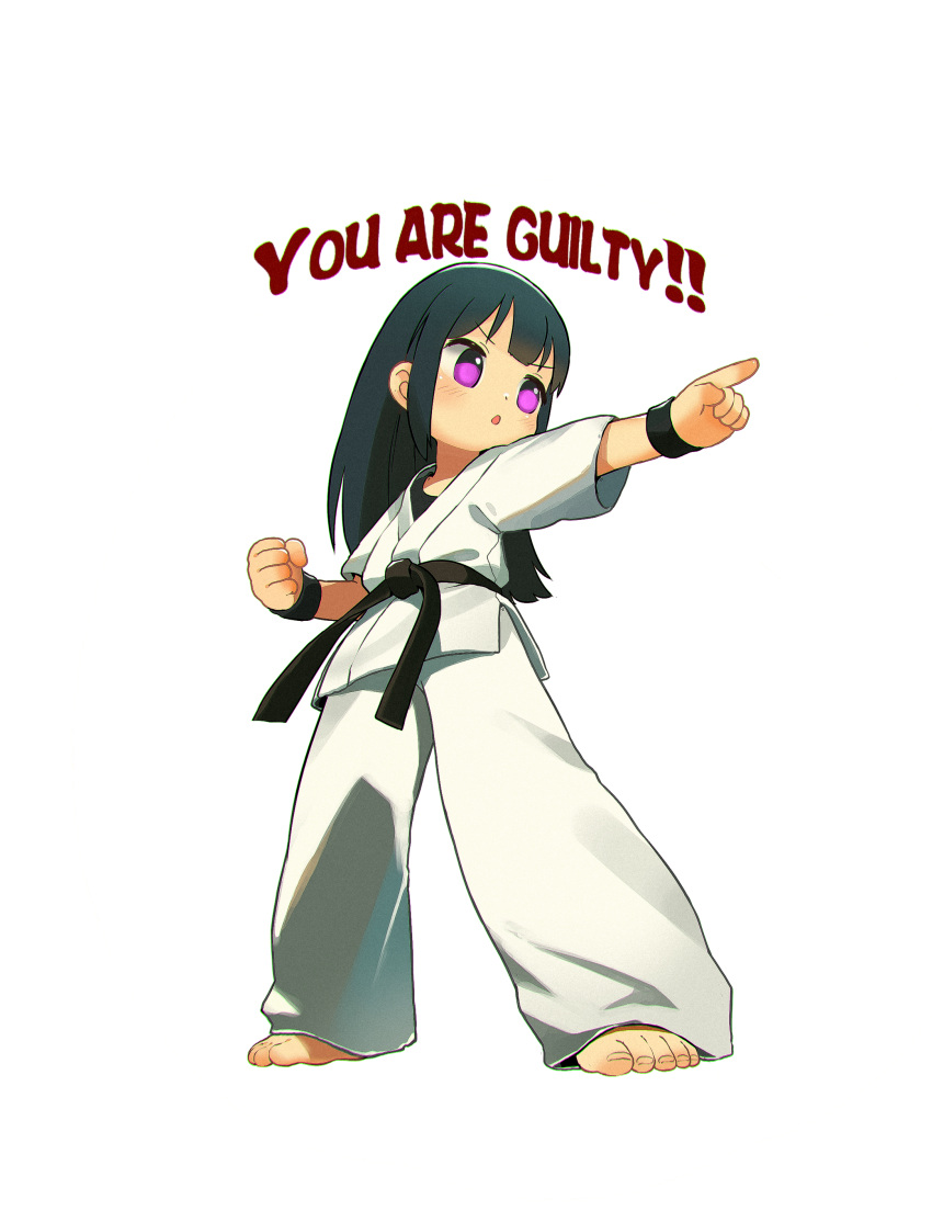 1girl absurdres barefoot belt black_belt black_hair chinese_commentary clenched_hand commentary_request dougi english_text full_body highres kuma-bound long_hair martial_arts_belt open_mouth original pants pink_eyes pointing simple_background solo standing toes white_background white_pants