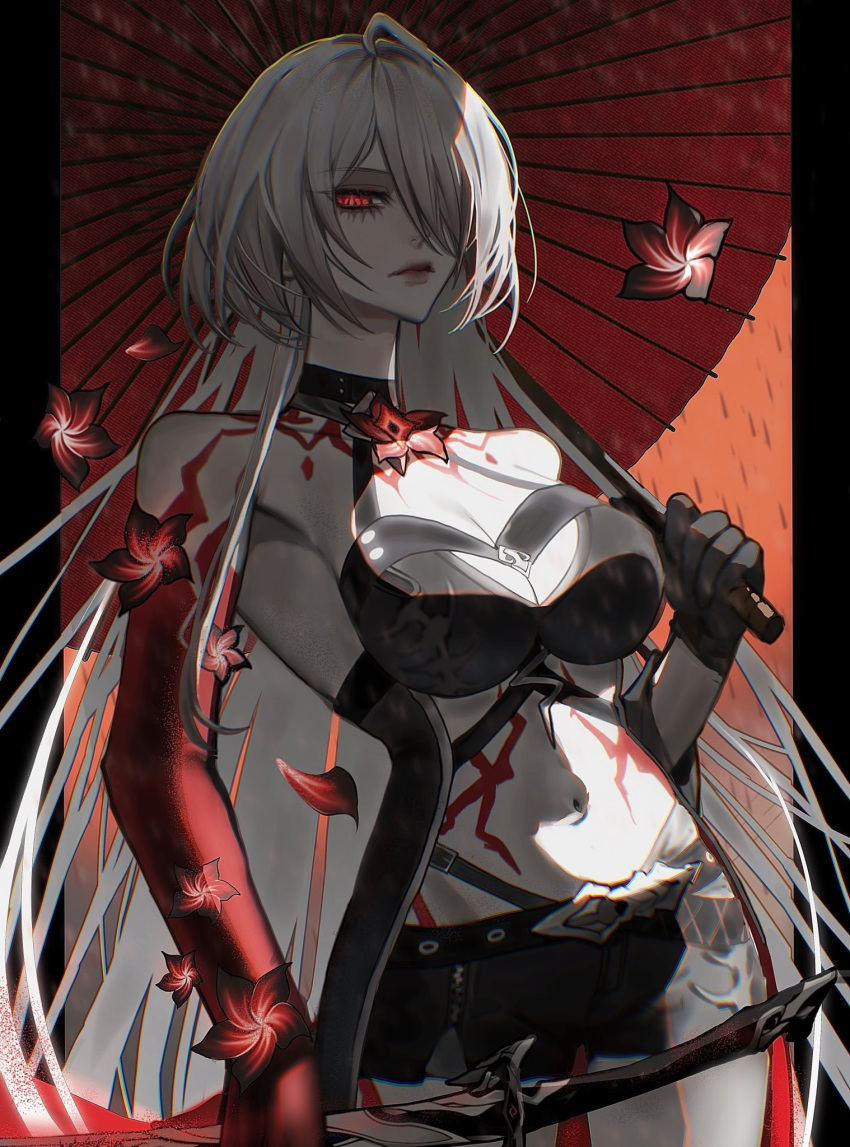 1girl acheron_(honkai:_star_rail) bare_shoulders belt black_belt black_choker black_shorts body_markings breasts choker cleavage closed_mouth colored_extremities commentary_request cowboy_shot criss-cross_halter flower hair_over_one_eye halterneck highres holding holding_sword holding_umbrella holding_weapon honkai:_star_rail honkai_(series) large_breasts long_hair looking_at_viewer midriff navel oil-paper_umbrella rain red_eyes red_flower red_lips shade short_shorts shorts solo sword thighs umbrella very_long_hair weapon white_hair znoww_007