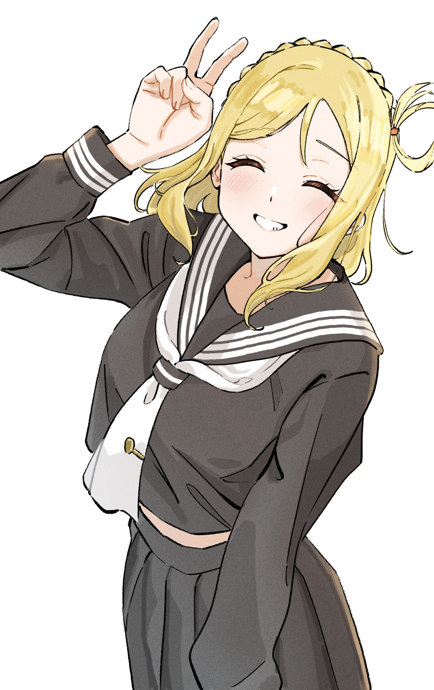 1girl ^_^ absurdres alternate_costume black_sailor_collar black_serafuku black_shirt black_skirt blonde_hair blush braid closed_eyes commentary crown_braid dunchy hand_up highres long_sleeves love_live! love_live!_sunshine!! midriff_peek neckerchief ohara_mari pleated_skirt sailor_collar school_uniform serafuku shirt short_hair simple_background single_hair_ring skirt smile solo v white_background white_neckerchief