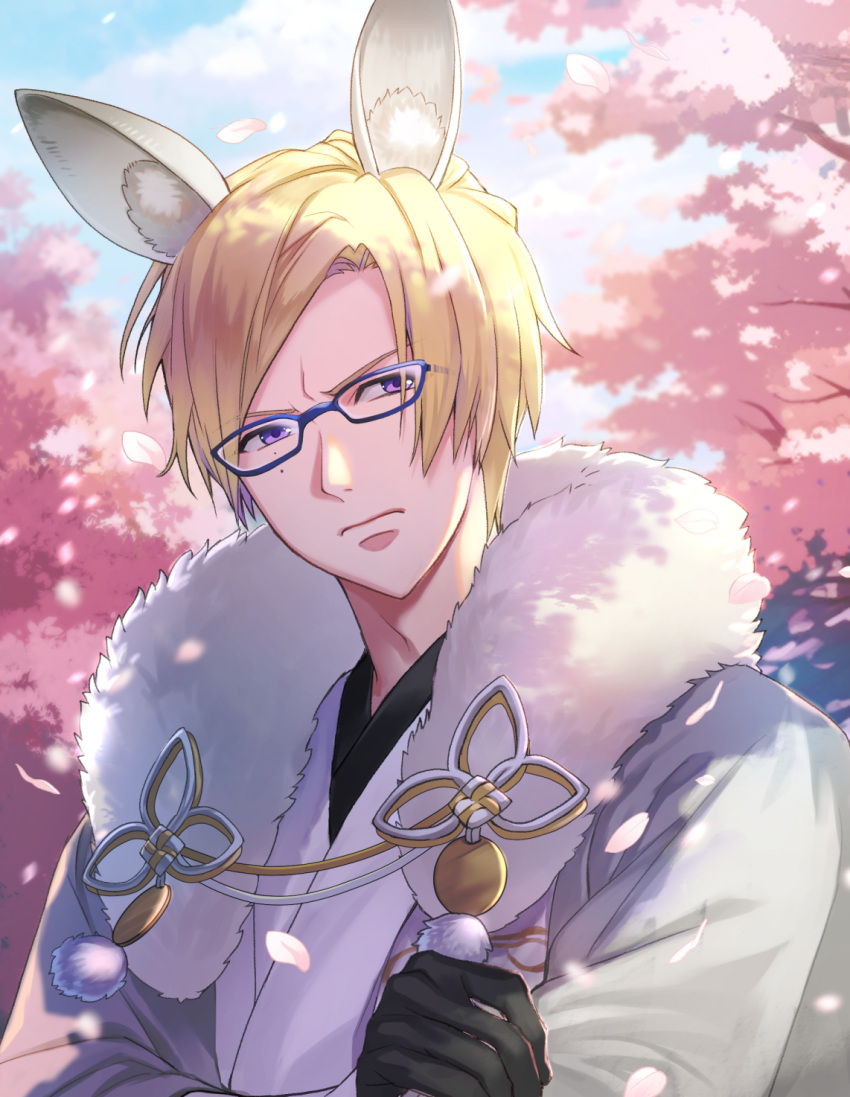 1boy a3! animal_ear_fluff animal_ears black_gloves blonde_hair cherry_blossoms day fur_scarf furuichi_sakyou glasses gloves highres japanese_clothes kimono light_frown looking_at_viewer outdoors rabbit_ears short_hair solo taka_banyaaa upper_body