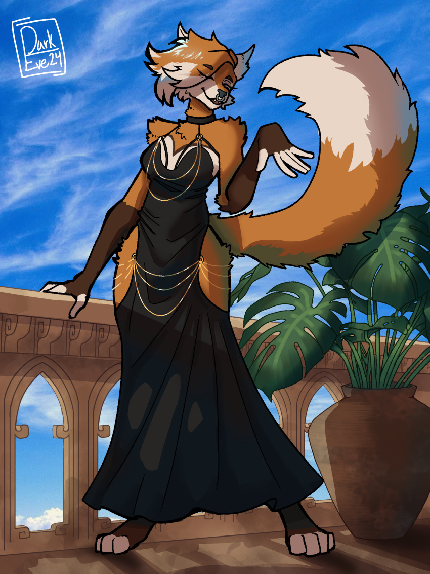 3:4 absurd_res aeris_(aeristhefox) anthro big_tail black_clothing black_nose canid canine clothing covered_nipples darkeve facial_piercing female fox fur hi_res hollow_hip_backless_chain_dress mammal meme meme_clothing nose_piercing orange_body orange_fur piercing plant solo tail thick_thighs