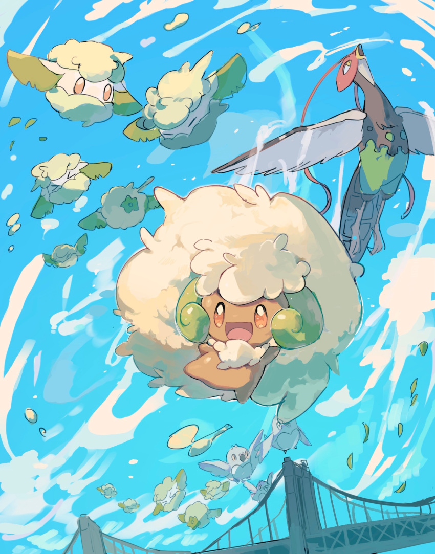 bird blue_sky bridge brown_eyes brown_fur cottonee day flying highres looking_at_viewer moufuillust no_humans open_mouth outdoors pidove pokemon pokemon_(creature) sky unfezant unfezant_(male) whimsicott white_fur