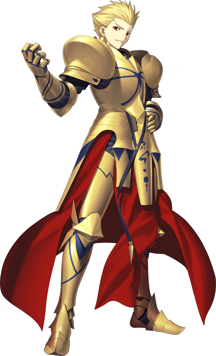 1boy armor armored_boots belt blonde_hair boots breastplate cape earrings fate/grand_order fate_(series) faulds full_armor full_body gauntlets gilgamesh_(fate) gold_armor hair_up hand_on_own_hip highres jewelry looking_at_viewer male_focus non-web_source official_art pauldrons red_eyes short_hair shoulder_armor smile solo spiked_hair tachi-e takeuchi_takashi transparent_background waist_cape