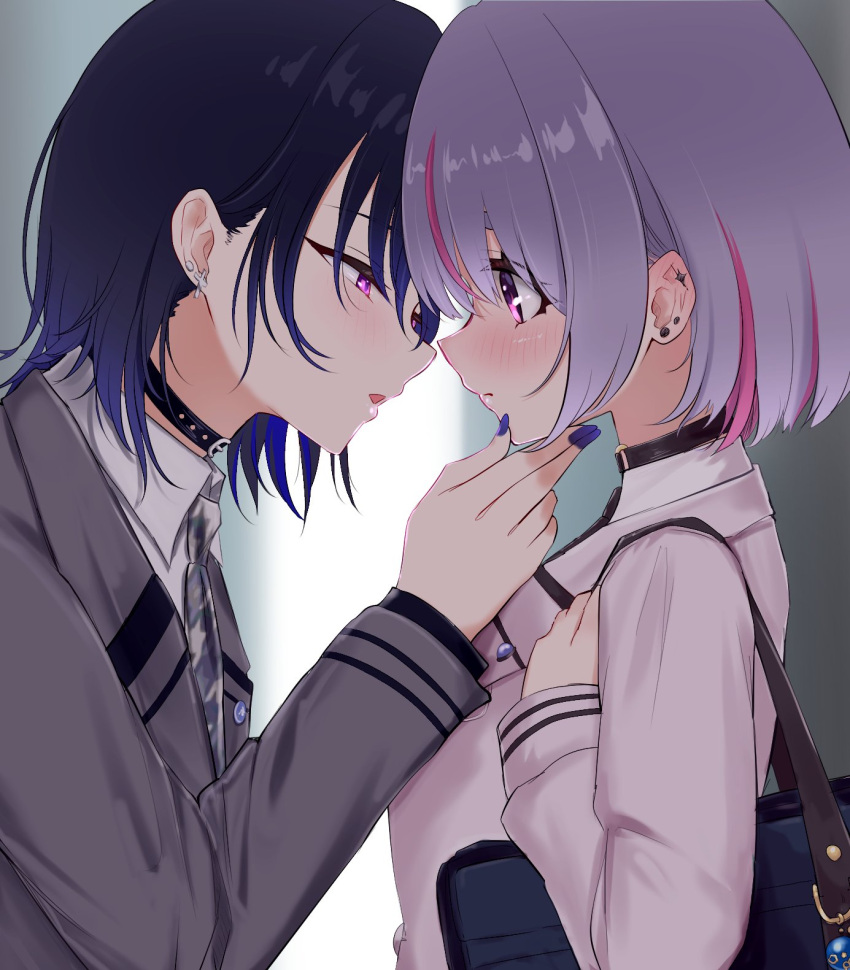 2girls :o black_choker black_hair blue_hair blue_nails blush bob_cut cattleya_regina_games choker colored_inner_hair ear_piercing gradient_hair grey_jacket grey_necktie half-closed_eyes highres ichinose_uruha ichinose_uruha_(6th_costume) imminent_kiss jacket long_sleeves looking_at_another lupinus_virtual_games multicolored_hair multiple_girls nail_polish necktie piercing pink_hair prsdubstep purple_eyes purple_hair shirt short_hair sidelocks streaked_hair thick_eyebrows tosaki_mimi virtual_youtuber vspo! white_jacket white_shirt wolf_cut