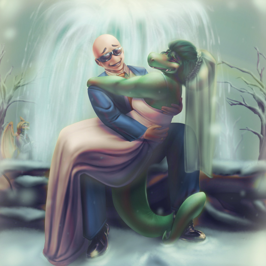 1:1 2024 5_fingers absurd_res anthro bald baryonyx blonde_hair business_suit cavemanon_studios clothing detailed_background digit_ring digital_drawing_(artwork) digital_media_(artwork) dinosaur dress duo eyes_closed eyewear female fingers fountain freckles green_body green_hair green_scales hair hi_res human i_wani_hug_that_gator iadakan inco_(iwhtg) jewelry light-skinned_male light_body light_skin long_tail male male/female mammal olivia_halford on_lap outside pale_body pale_scales pterodactylus pterosaur reptile ring scales scalie sitting sitting_on_lap smile snout spinosaurid suit sunglasses tail tail_around_leg tail_hug takoonart theropod wedding_dress wedding_ring wedding_veil wings winter