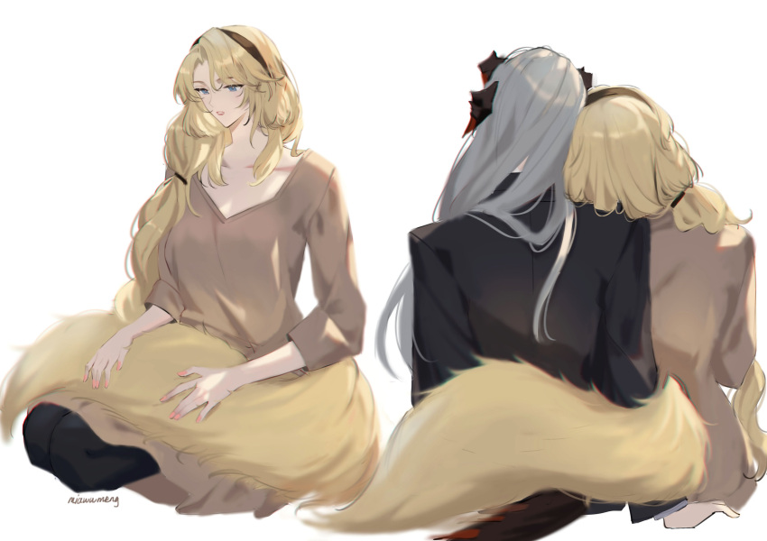 2girls absurdres animal_ears arknights artist_name black_jacket blonde_hair blue_eyes brown_shirt dog_ears dog_girl dog_tail dragon_horns dragon_tail from_behind grey_hair head_on_another's_shoulder heads_together highres horns jacket kristen_(arknights) laurene_(miawwmeng) long_hair long_sleeves multiple_girls saria_(arknights) shirt simple_background suit_jacket tail white_background yuri