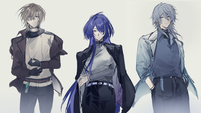 1girl 2boys acheron_(honkai:_star_rail) ahoge alternate_costume arm_across_waist aventurine_(honkai:_star_rail) belt black_choker black_gloves black_jacket black_pants blue_eyes blue_shirt breasts brown_jacket brown_shirt choker earrings gloves hair_between_eyes hand_in_pocket highres honkai:_star_rail honkai_(series) jacket jewelry looking_at_viewer medium_breasts medium_hair multicolored_eyes multicolored_hair multiple_boys open_clothes open_jacket pants pink_eyes purple_belt purple_eyes purple_hair shirt sidelocks simple_background streaked_hair sunday_(honkai:_star_rail) vorranutklin01 white_background white_hair white_shirt yellow_eyes