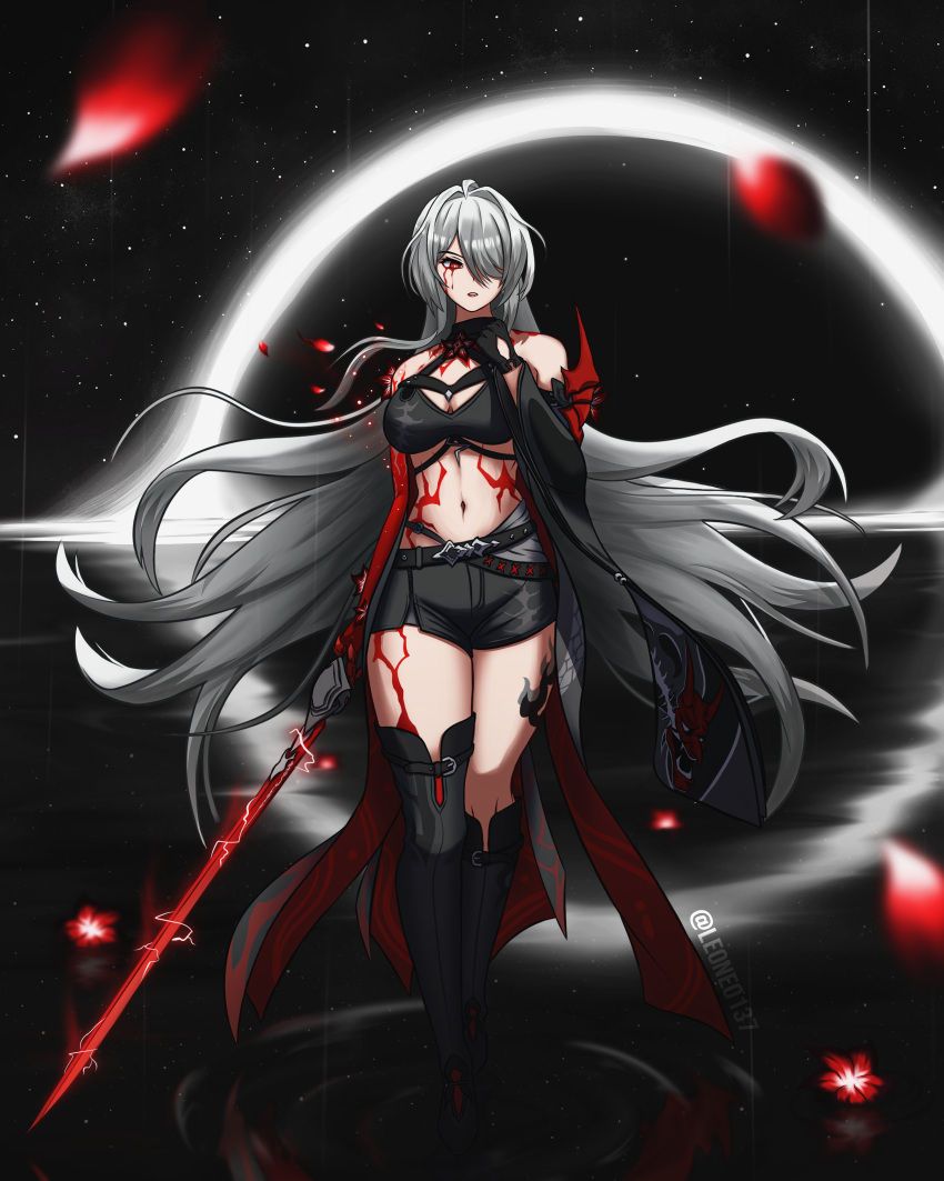 1girl absurdres acheron_(honkai:_star_rail) ahoge armor asymmetrical_legwear bare_shoulders belt black_belt black_choker black_hole black_shorts blood blood_from_eyes body_markings boots breasts bright_pupils choker cleavage clenched_hand clenched_teeth colored_extremities commentary commission criss-cross_halter electricity english_commentary flower glowing glowing_sword glowing_weapon hair_intakes hair_over_one_eye halterneck hand_up highres holding holding_sword holding_weapon honkai:_star_rail honkai_(series) knee_boots large_breasts leg_tattoo leoneo137 long_hair midriff navel night red_eyes red_flower red_petals ripples short_shorts shorts shoulder_armor single_knee_boot single_thigh_boot solo star_(sky) sword tattoo teeth thigh_boots twitter_username very_long_hair wading walking water weapon white_hair white_pupils