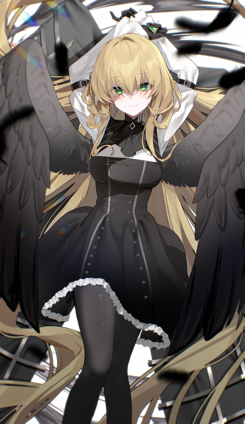 1girl absurdres arms_behind_head black_dress black_pantyhose black_wings blonde_hair blush closed_mouth dress falling_feathers feathered_wings feathers feet_out_of_frame floating_hair frilled_dress frills green_eyes hair_between_eyes highres knees_together_feet_apart long_hair long_sleeves looking_at_viewer original own_hands_together pantyhose shirt sidelocks simple_background smile solo very_long_hair wangmon white_background white_shirt wings