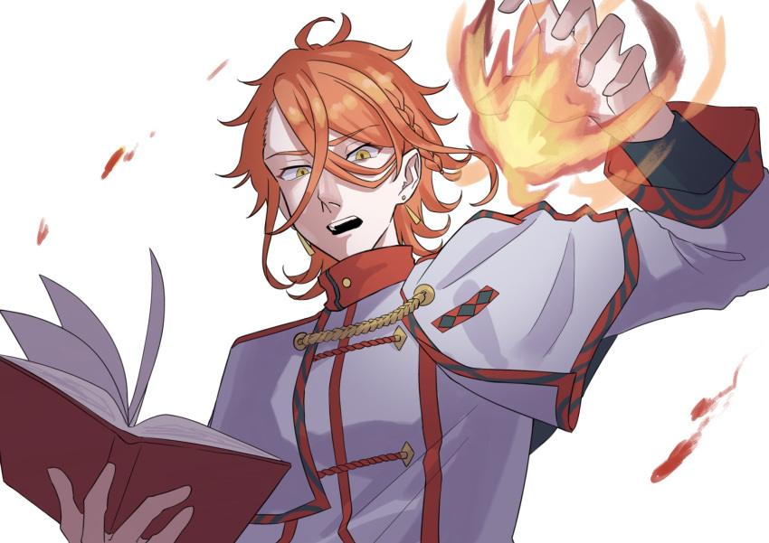 1boy book earrings fire_emblem fire_emblem_engage gold_earrings highres holding holding_book jewelry open_mouth orange_hair pandreo_(fire_emblem) priest red_trim robe upper_body white_robe window_fe yellow_eyes