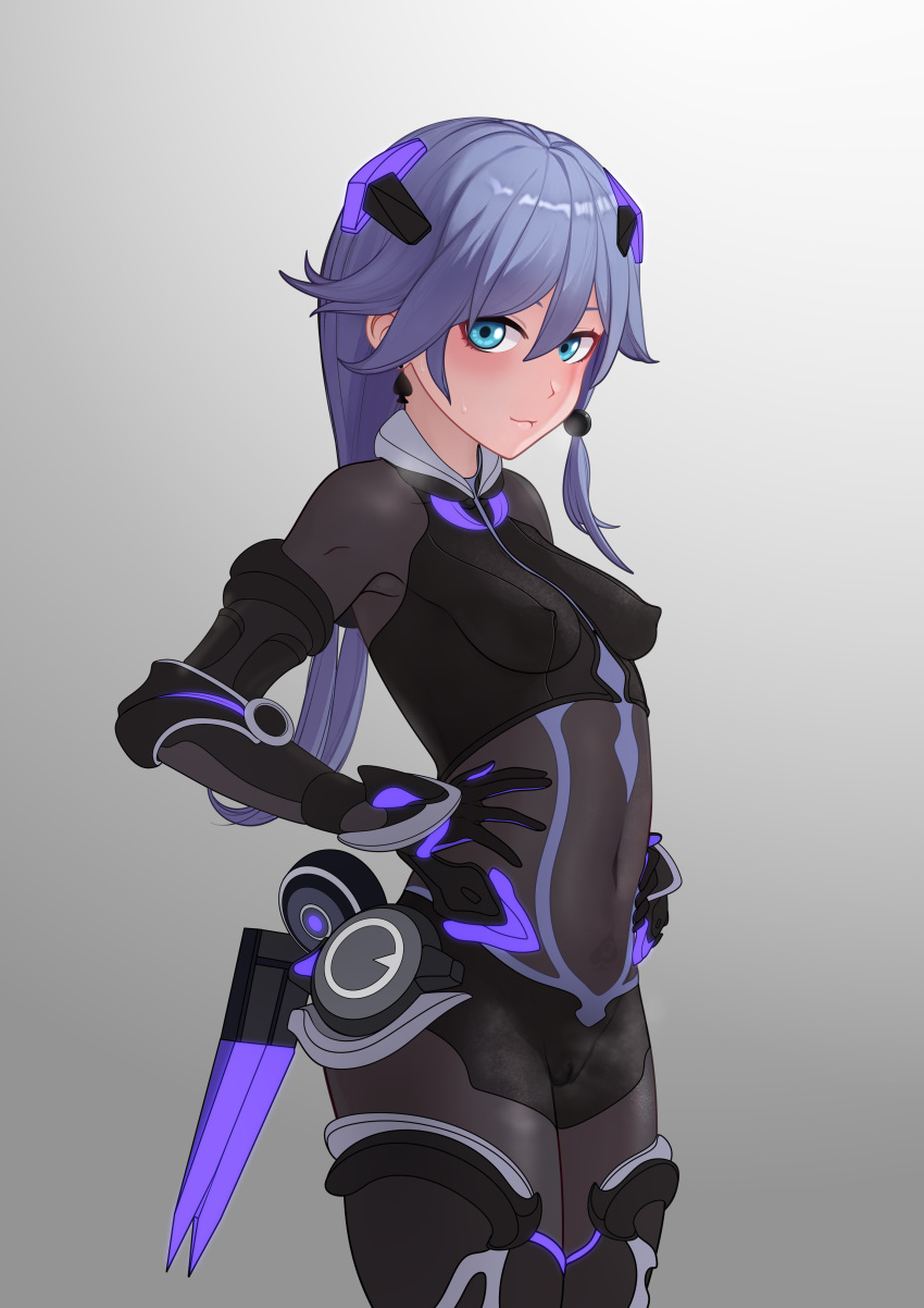 1girl absurdres black_bodysuit black_hair blue_eyes bodysuit breasts closed_mouth covered_navel covered_nipples cowboy_shot earrings fu_hua fu_hua_(shadow_knight) gauntlets grey_background hair_ornament highres honkai_(series) honkai_impact_3rd indoors jewelry long_hair looking_at_viewer simple_background small_breasts solo yomigaeru