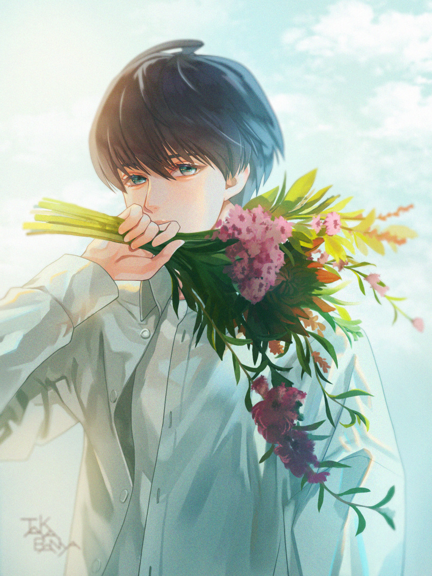 1boy a3! artist_name black_hair blue_eyes bouquet day hair_between_eyes highres holding holding_bouquet looking_at_viewer male_focus outdoors shirt solo standing taka_banyaaa tsukioka_tsumugi unbuttoned unbuttoned_shirt white_shirt