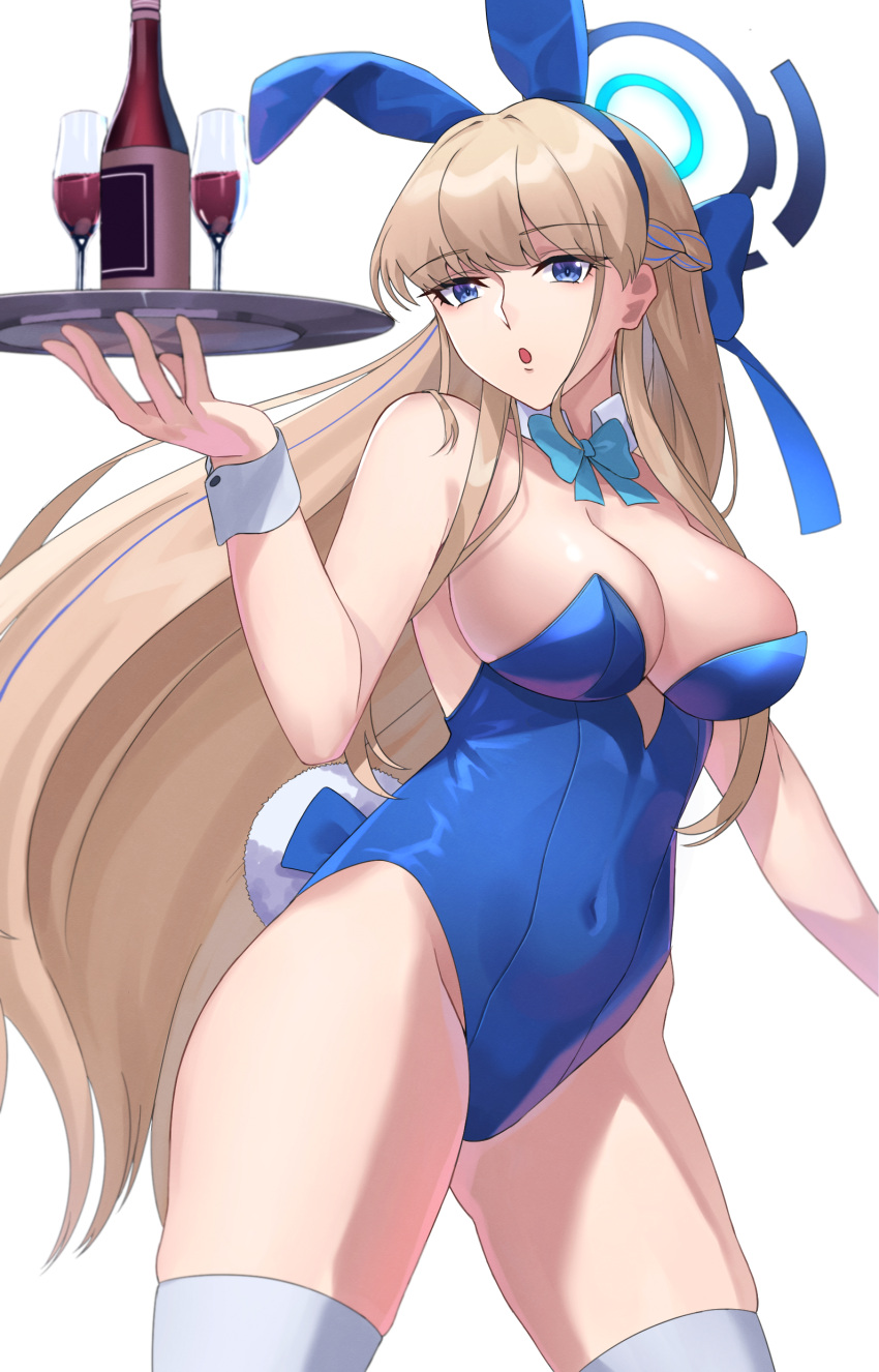 1girl :o absurdres animal_ears bare_shoulders blonde_hair blue_archive blue_bow blue_eyes blue_hairband blue_halo blue_leotard bottle bow bowtie braid breasts chantu_irasu covered_navel cowboy_shot cup detached_collar drinking_glass fake_animal_ears hairband halo highleg highleg_leotard highres holding holding_tray large_breasts leotard long_hair official_alternate_costume official_alternate_hairstyle open_mouth playboy_bunny rabbit_ears rabbit_tail simple_background solo tail thighhighs thighs toki_(blue_archive) toki_(bunny)_(blue_archive) tray very_long_hair white_background white_thighhighs wine_bottle wine_glass wrist_cuffs