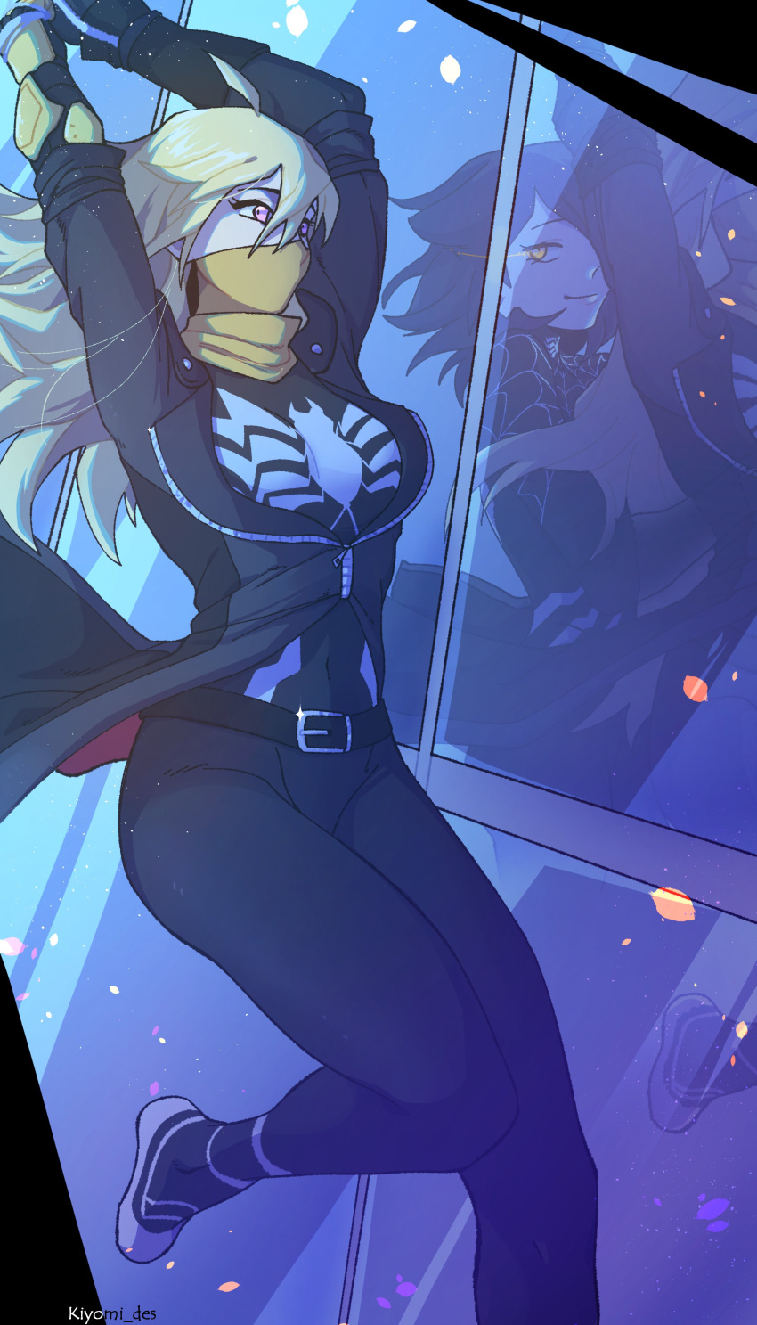2girls absurdres ahoge artist_name belt belt_buckle blake_belladonna blonde_hair bodysuit breasts buckle commentary covered_navel english_commentary hair_between_eyes highres jacket kiyomi_des long_hair looking_at_another marvel mask medium_breasts multiple_girls reflection rwby spider-man_(series) spider_web_print twitter_username watermark yang_xiao_long yellow_eyes