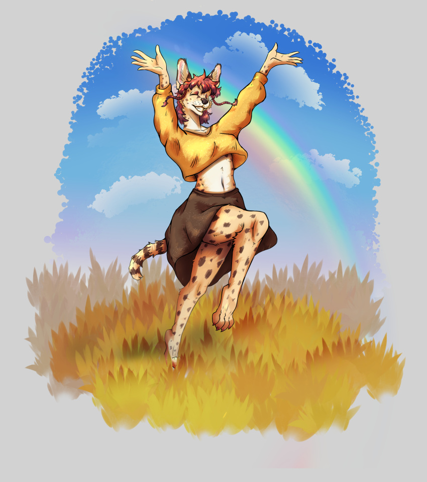 absurd_res anthro big_ears clothed clothing felid feline female fur grass hair happy hi_res jumping mammal markings open_mouth pimstacja pistacja plant serval smile solo spots spotted_body spotted_fur tail teeth