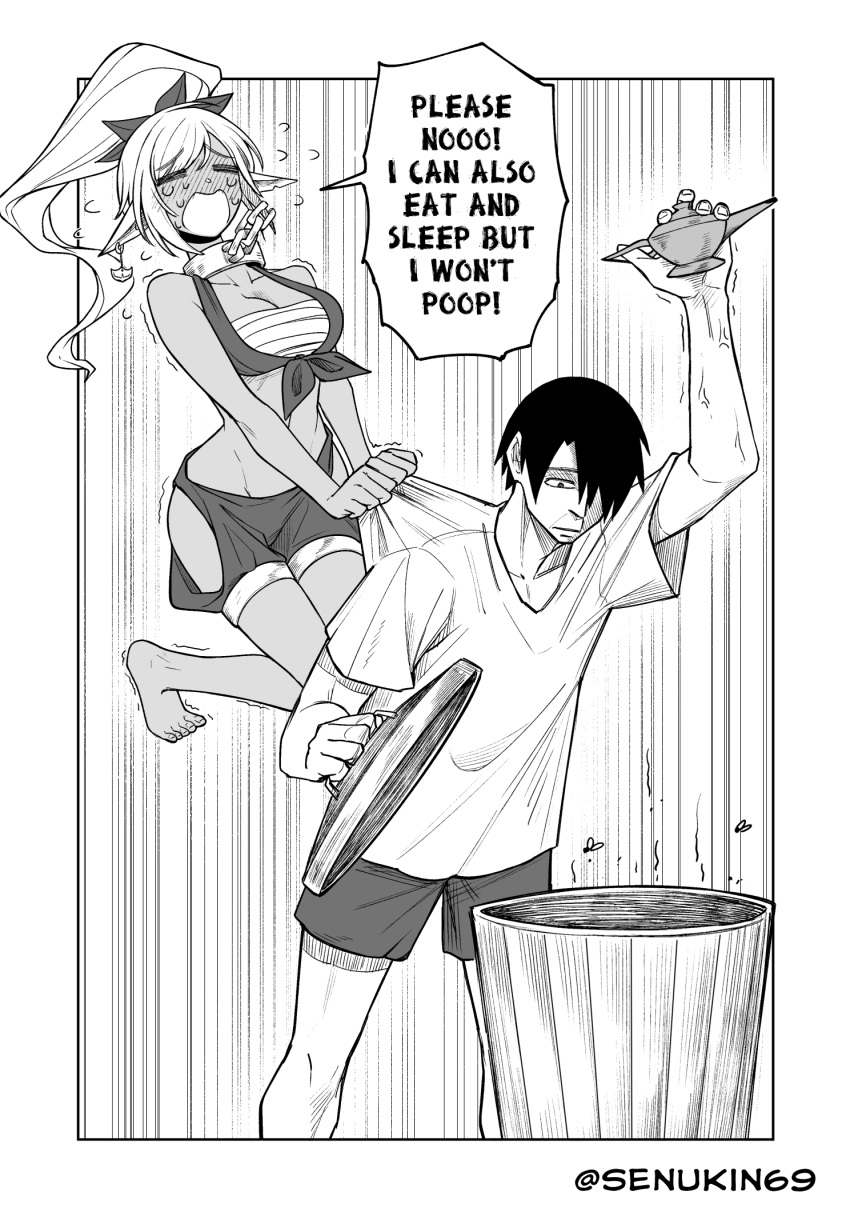 1boy 1girl =_= border bottle breasts cleavage collarbone crying dark-skinned_female dark_skin disappointed english_text floating frown genie greyscale groin highres hip_vent holding holding_bottle hornee_borgar long_pointy_ears looking_down medium_breasts monochrome open_mouth original pointy_ears ponytail shirt short_hair shorts trash_can trembling twitter_username useless_genie_(hornee_borgar) white_border