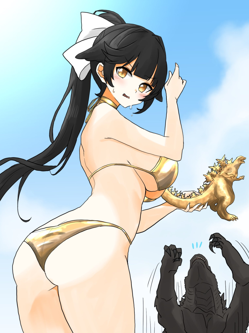 1girl alternate_costume ass azur_lane bikini black_hair blue_sky breasts cloud godzilla godzilla_(minus_one) godzilla_(series) godzilla_minus_one gold_bikini hair_flaps hair_ribbon highres ibuki_(tulta_icon) kaijuu long_hair looking_at_viewer ponytail ribbon sky solo swimsuit takao_(azur_lane) white_ribbon yellow_eyes