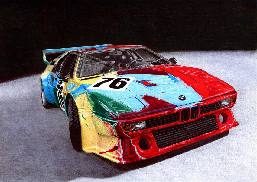 absurdres ballpoint_pen_(medium) bmw bmw_m1 car english_commentary highres motor_vehicle no_humans original pavlo_scherbatyuk race_vehicle racecar shadow spoiler_(automobile) sports_car traditional_media vehicle_focus