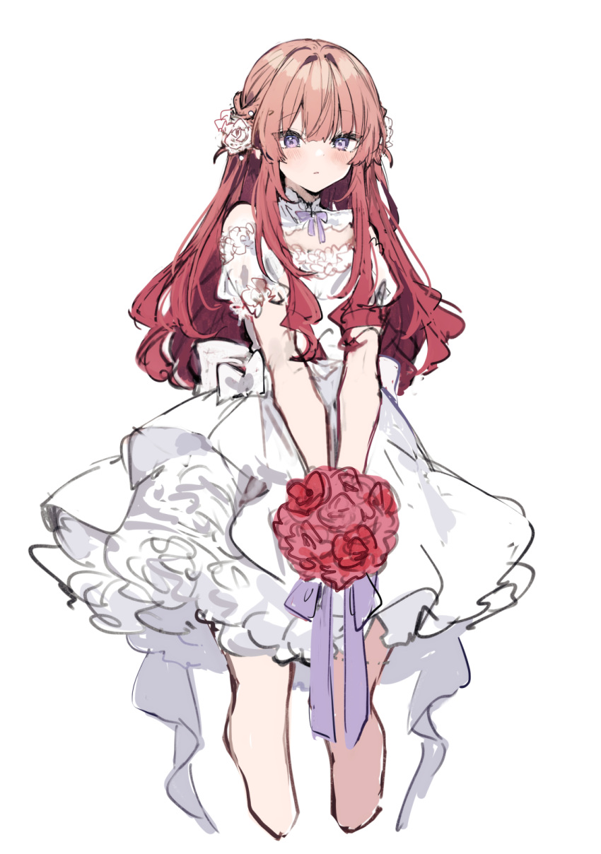 1girl anna_(ikeuchi_tanuma) blush bouquet cropped_legs dress flower hair_flower hair_ornament highres holding holding_bouquet ikeuchi_tanuma long_hair original parted_lips purple_eyes red_hair short_dress sketch solo wedding_dress