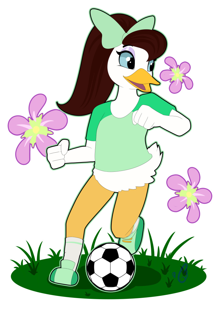 absurd_res almanda_de_quack anatid anseriform anthro athlete athletic athletic_anthro athletic_female avian avian_butt ball bird blueondrive bottomless bottomless_anthro bottomless_female brown_hair clothed clothing disney disney_junior duck female flower footwear hair happy hi_res kicking_ball long_hair mickey_mouse's_mixed-up_adventures mickey_mouse_clubhouse mickey_mouse_funhouse mickey_mouse_roadster_racers minnie's_bow-toons nature nature_background plant purple_makeup purple_mascara semi-anthro shoes simple_background smile sneakers soccer soccer_ball soccer_player soccer_socks soccer_uniform socks solo sport sportswear uniform