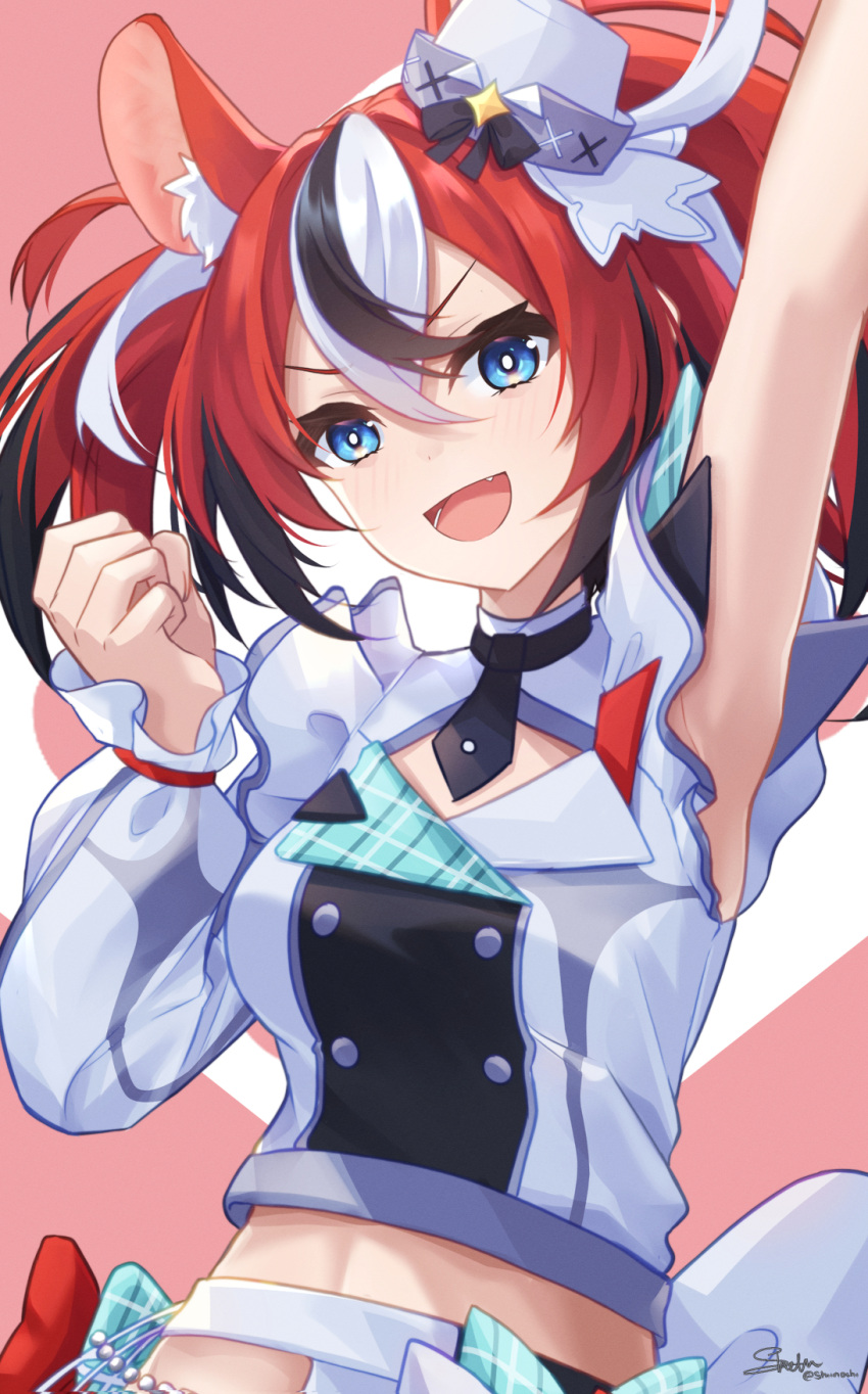 1girl animal_ear_fluff animal_ears arm_up black_hair blue_eyes crop_top hakos_baelz hat highres hololive hololive_english hololive_idol_uniform_(bright) long_hair looking_at_viewer mini_hat mini_top_hat mouse_ears mouse_girl multicolored_hair official_alternate_costume open_mouth red_hair shiinochi smile solo streaked_hair top_hat twintails virtual_youtuber white_hair white_hat