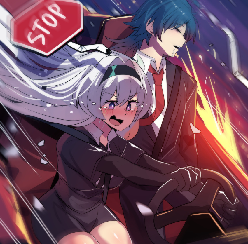 1boy 1girl :d absurdres black_gloves black_hairband black_jacket black_pants black_shirt black_shorts blade_(honkai:_star_rail) blue_hair blush car closed_eyes commentary crying crying_with_eyes_open driving elbow_gloves firefly_(honkai:_star_rail) gloves hairband highres hinghoi honkai:_star_rail honkai_(series) jacket long_hair motor_vehicle necktie open_mouth pants purple_eyes red_necktie road_sign shirt shorts sign sitting smile stop_sign tears thighs very_long_hair white_hair